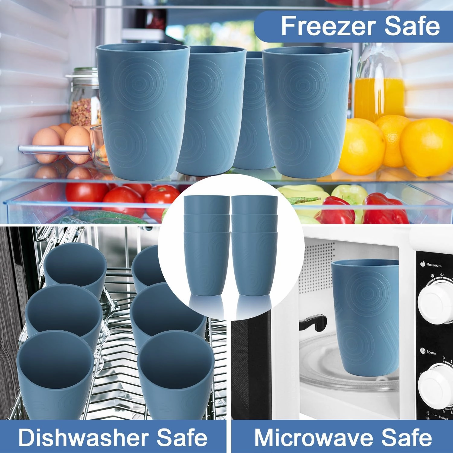 Drinking Glasses Wheat Straw Cups Alternative to Plastic Cups 16 OZ - Unbreakable Cup Set of 6 Reusable Drinking Cup Plastic Glasses Tumbler Dishwasher Safe Cups for Kitchen - Blue