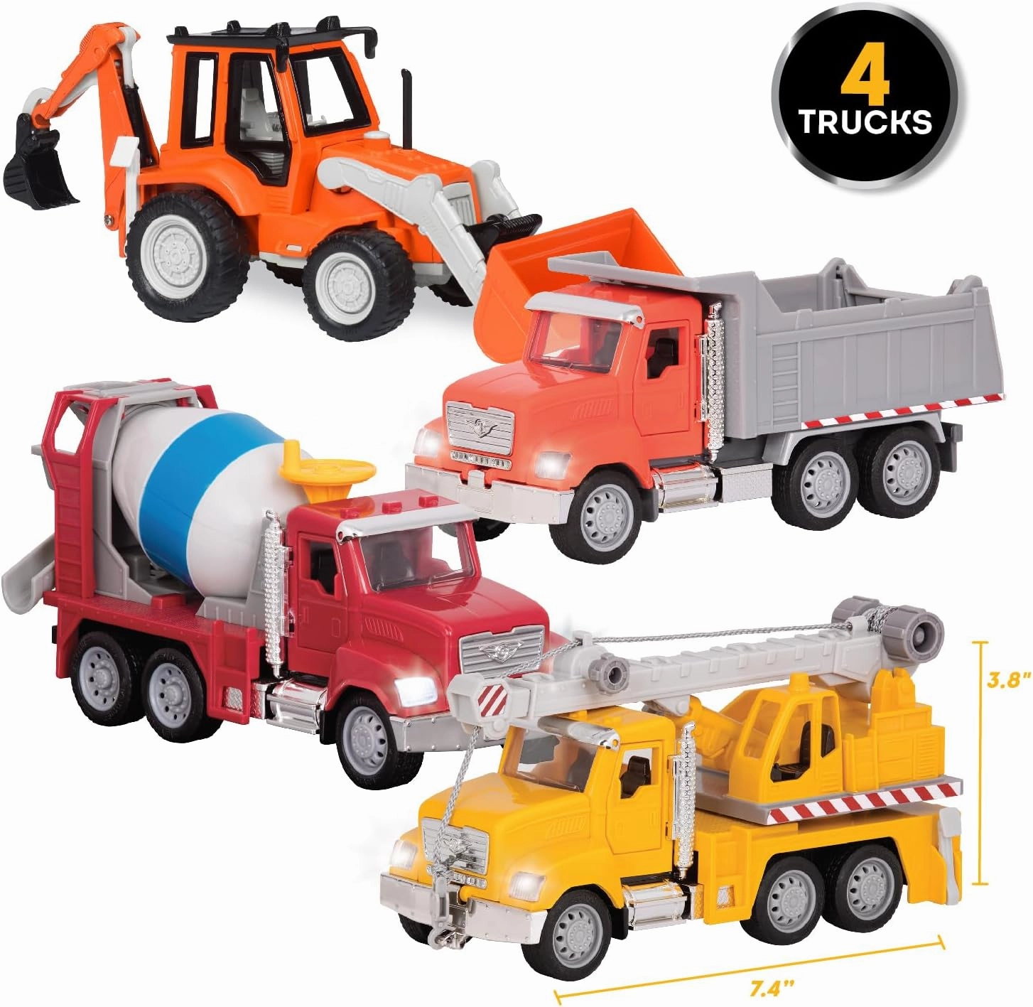 Driven by Battat – 4 Construction Toys for Kids&Toddlers – 7.5" Crane Toy, 7" Dump Truck, 6.5" Cement Mixer, 7" Excavator Backhoe Front Loader Truck – Lights & Sounds – Gift Vehicles for 3 Years 
