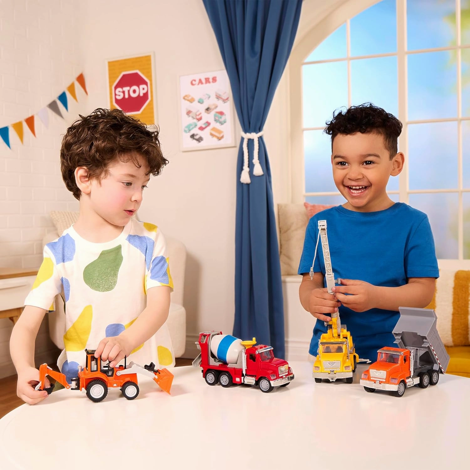 Driven by Battat – 4 Construction Toys for Kids&Toddlers – 7.5" Crane Toy, 7" Dump Truck, 6.5" Cement Mixer, 7" Excavator Backhoe Front Loader Truck – Lights & Sounds – Gift Vehicles for 3 Years 