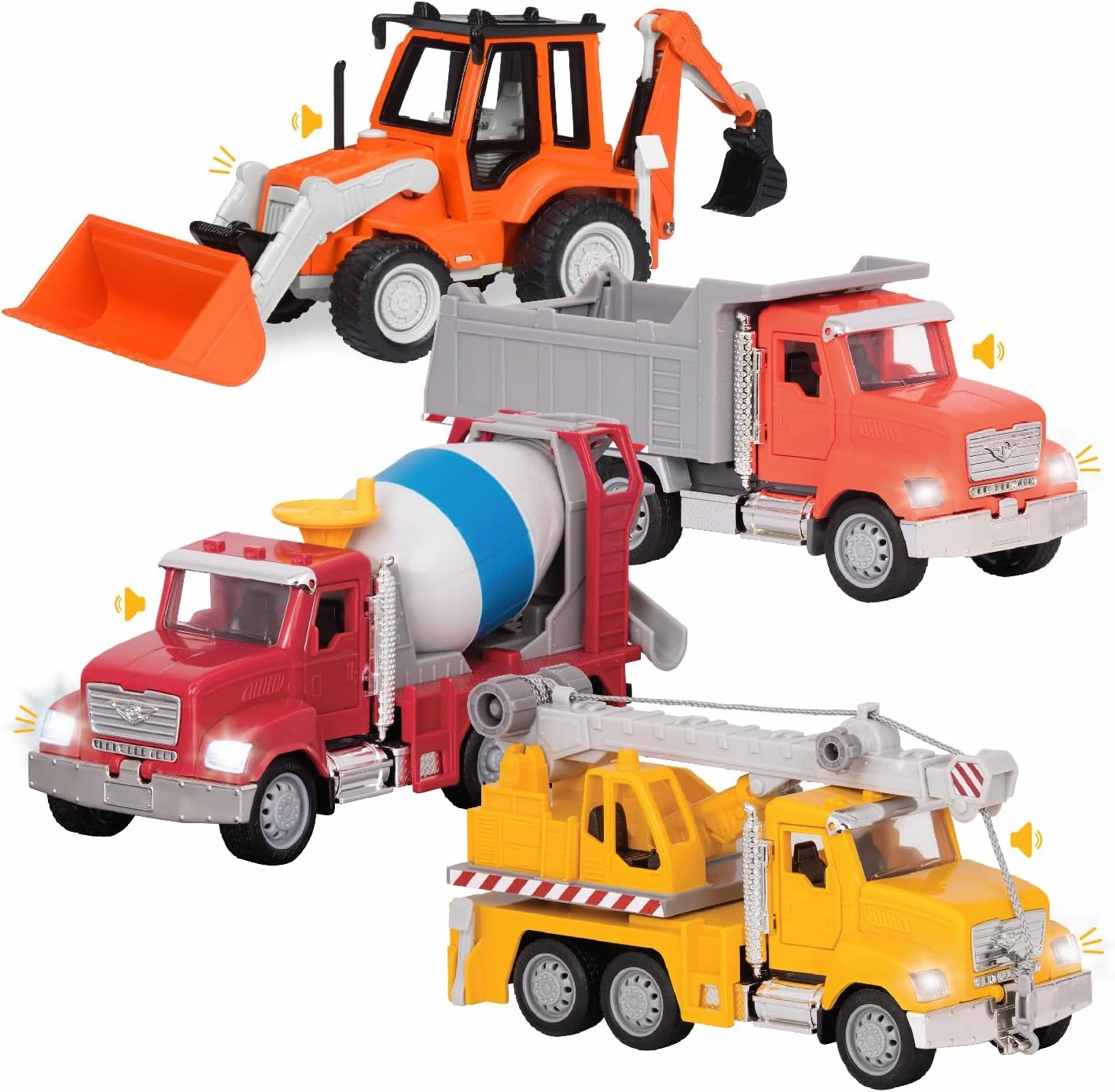 Driven by Battat – 4 Construction Toys for Kids&Toddlers – 7.5" Crane Toy, 7" Dump Truck, 6.5" Cement Mixer, 7" Excavator Backhoe Front Loader Truck – Lights & Sounds – Gift Vehicles for 3 Years 