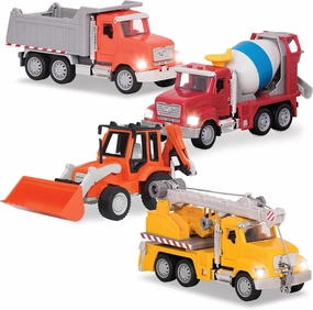 Driven by Battat – 4 Construction Toys for Kids&Toddlers – 7.5" Crane Toy, 7" Dump Truck, 6.5" Cement Mixer, 7" Excavator Backhoe Front Loader Truck – Lights & Sounds – Gift Vehicles for 3 Years 