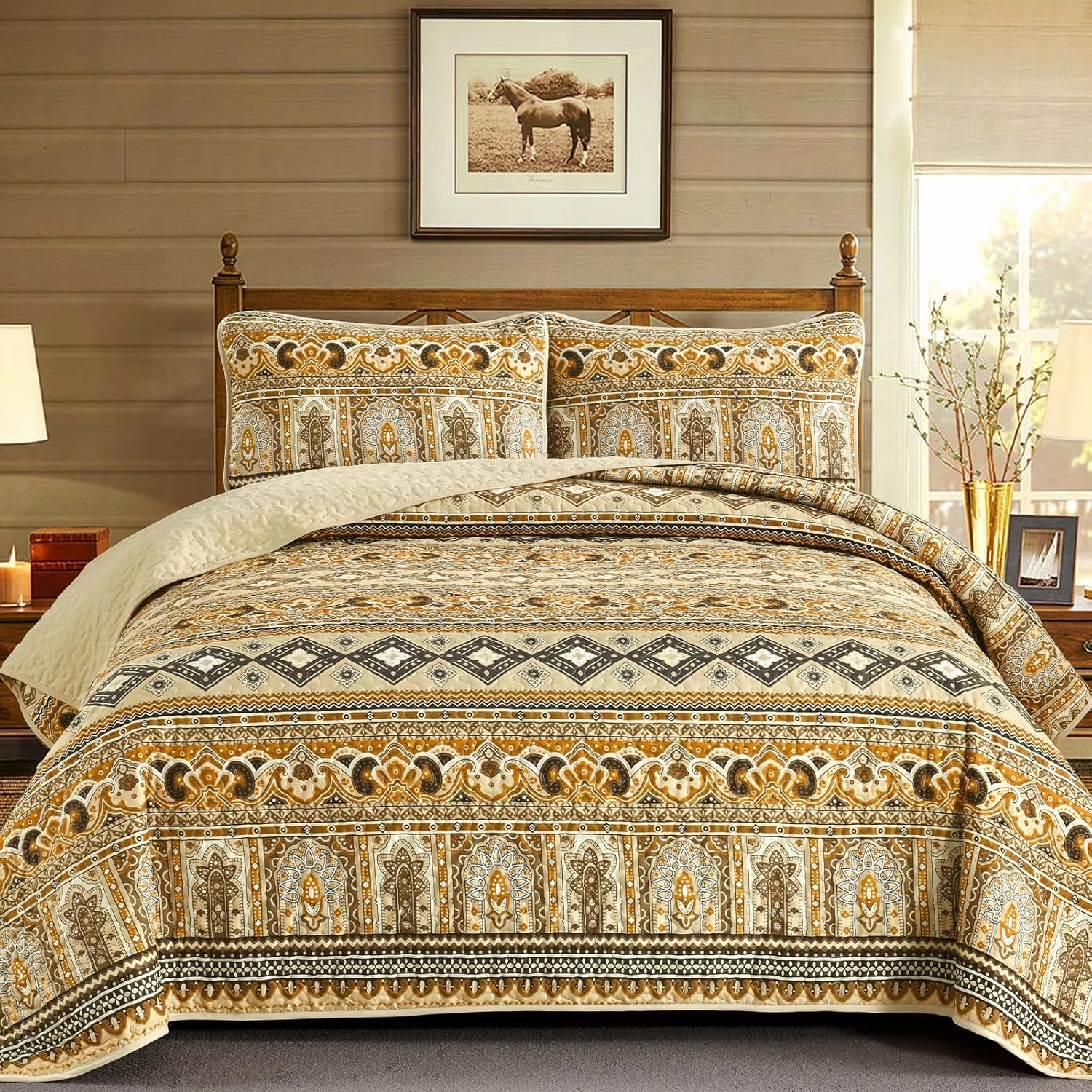 Drucon Boho Queen Size Aztec Quilt Set 3 Pieces Dark Brown Ultra Soft Lightweight Quilt Beddding Set, Microfiber Bohemian Bedspread Coverlet Set with 2 Pillowcases for All Season (Queen, 90"x96")