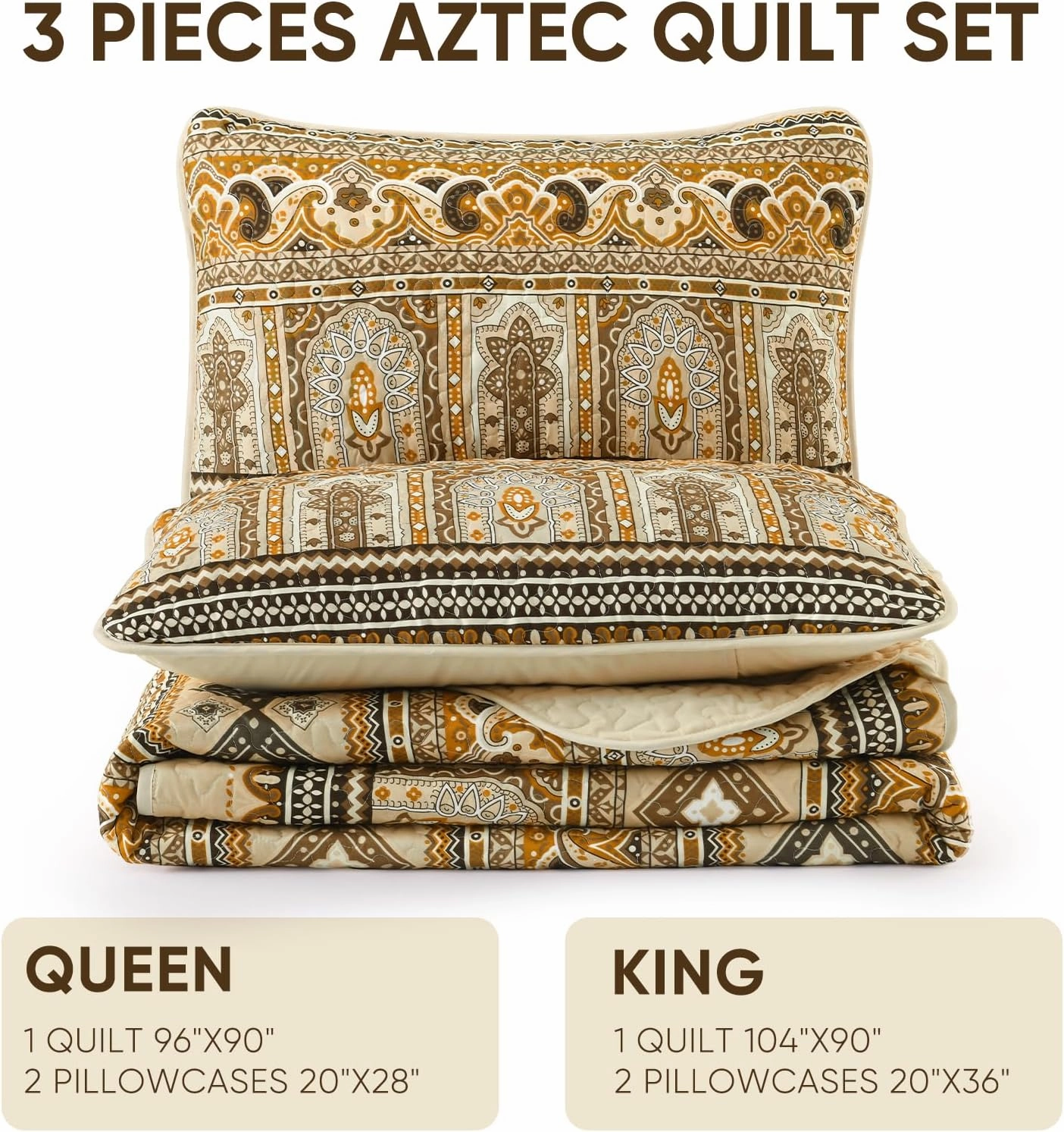 Drucon Boho Queen Size Aztec Quilt Set 3 Pieces Dark Brown Ultra Soft Lightweight Quilt Beddding Set, Microfiber Bohemian Bedspread Coverlet Set with 2 Pillowcases for All Season (Queen, 90"x96")