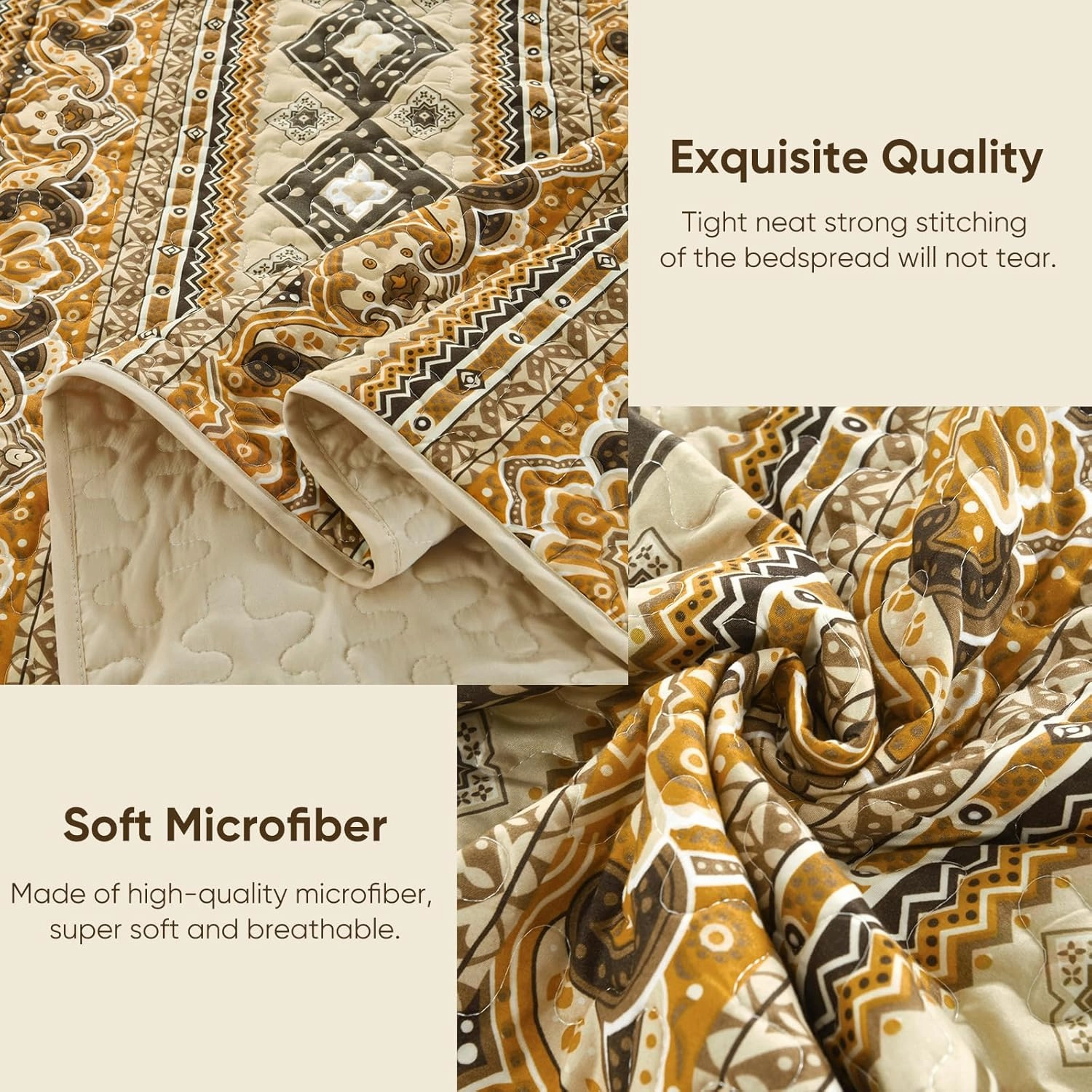 Drucon Boho Queen Size Aztec Quilt Set 3 Pieces Dark Brown Ultra Soft Lightweight Quilt Beddding Set, Microfiber Bohemian Bedspread Coverlet Set with 2 Pillowcases for All Season (Queen, 90"x96")