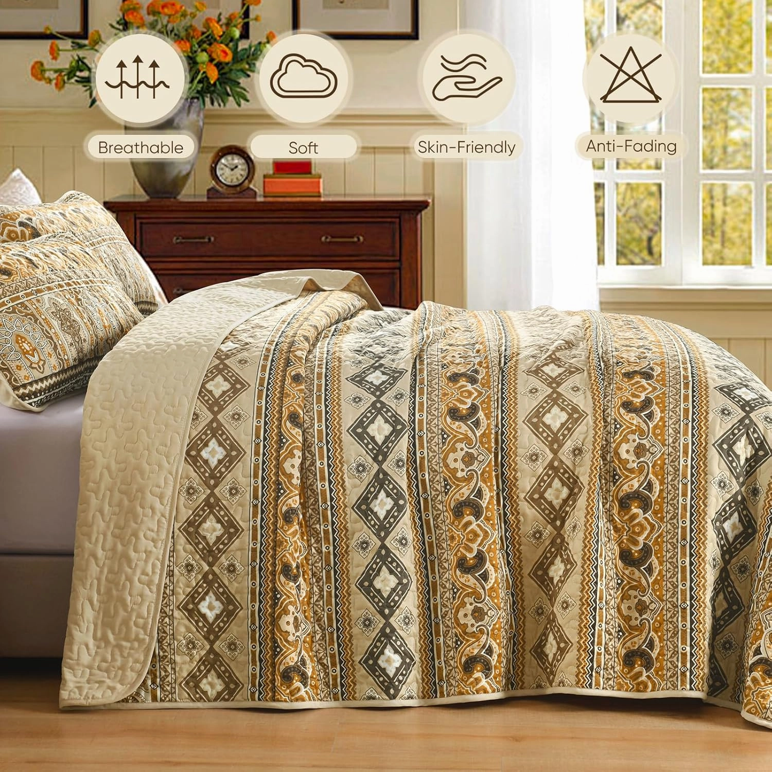 Drucon Boho Queen Size Aztec Quilt Set 3 Pieces Dark Brown Ultra Soft Lightweight Quilt Beddding Set, Microfiber Bohemian Bedspread Coverlet Set with 2 Pillowcases for All Season (Queen, 90"x96")