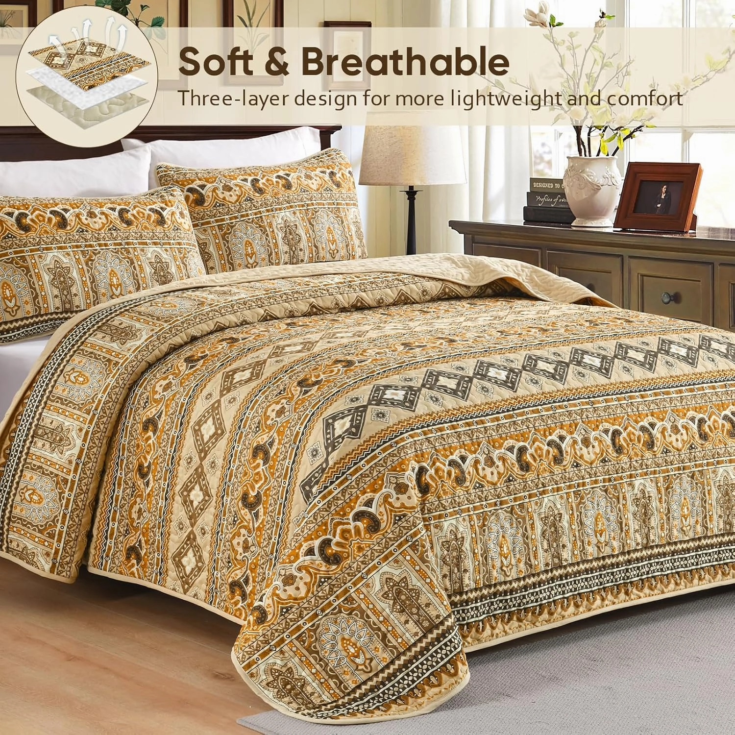Drucon Boho Queen Size Aztec Quilt Set 3 Pieces Dark Brown Ultra Soft Lightweight Quilt Beddding Set, Microfiber Bohemian Bedspread Coverlet Set with 2 Pillowcases for All Season (Queen, 90"x96")