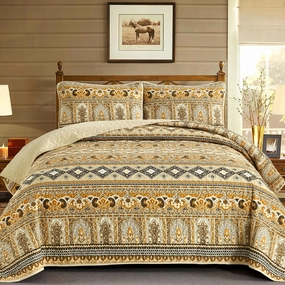 Drucon Boho Queen Size Aztec Quilt Set 3 Pieces Dark Brown Ultra Soft Lightweight Quilt Beddding Set, Microfiber Bohemian Bedspread Coverlet Set with 2 Pillowcases for All Season (Queen, 90"x96")