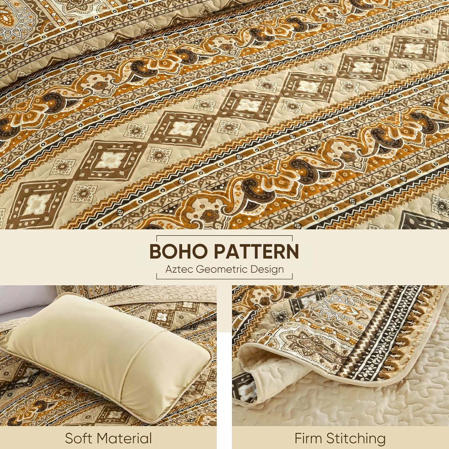 Drucon Boho Queen Size Aztec Quilt Set 3 Pieces Dark Brown Ultra Soft Lightweight Quilt Beddding Set, Microfiber Bohemian Bedspread Coverlet Set with 2 Pillowcases for All Season (Queen, 90"x96")