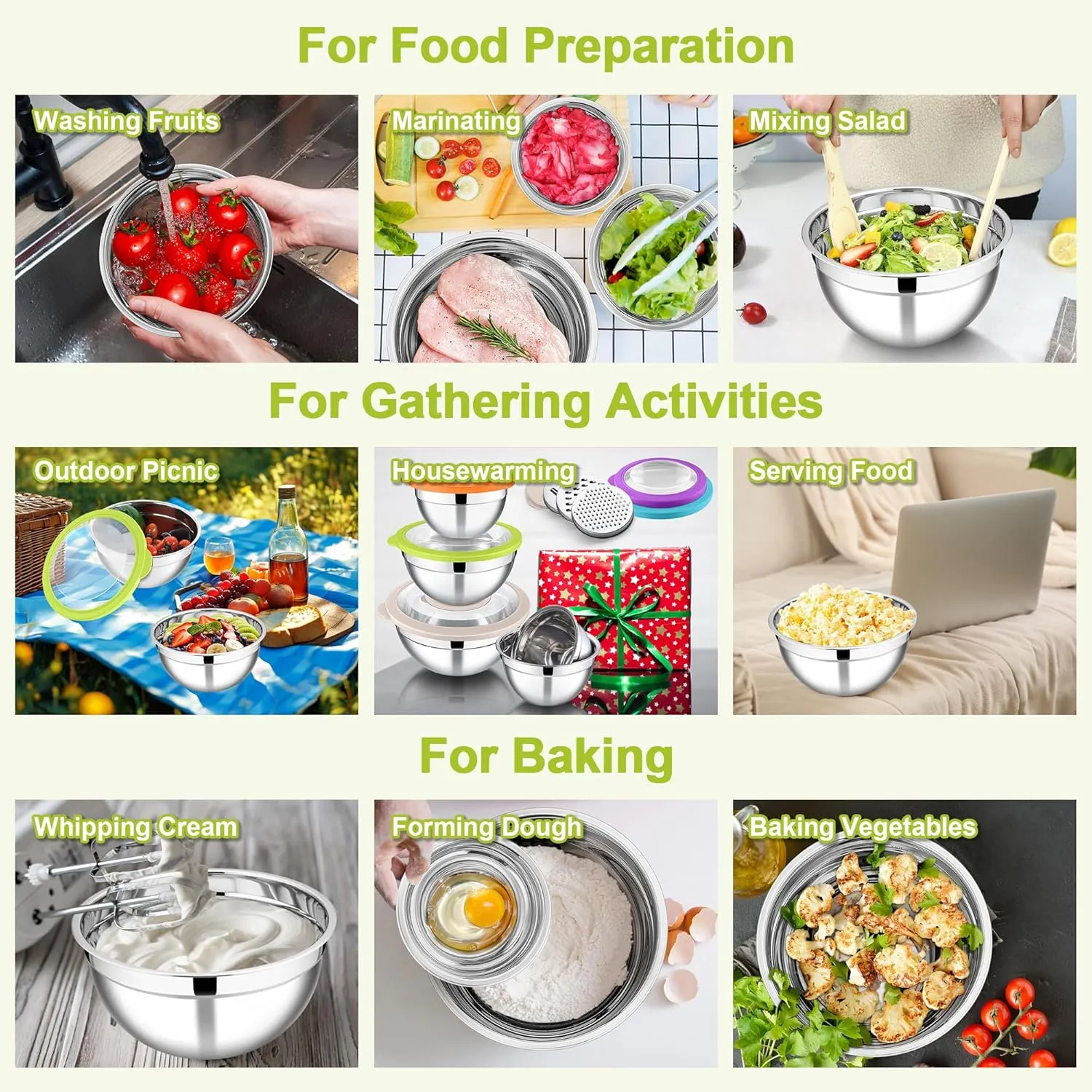 E-far Mixing Bowls with Lids Set of 5, Stainless Steel Salad Mixing Bowl with Transparent Lid, Metal Nesting Storage with 3 Graters for Kitchen Prepping/Serving/Baking, 4.6/2.6/1.5/1/0.7 QT - Colorful