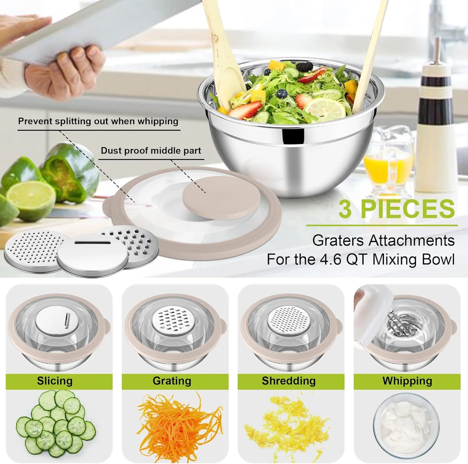 E-far Mixing Bowls with Lids Set of 5, Stainless Steel Salad Mixing Bowl with Transparent Lid, Metal Nesting Storage with 3 Graters for Kitchen Prepping/Serving/Baking, 4.6/2.6/1.5/1/0.7 QT - Colorful