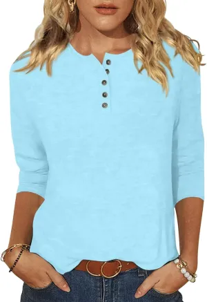 EADINVE Womens Crew Neck 3/4 Sleeve Tops Basic Button T-Shirts Solid Loose Cute Tunic Tee Blouses Fit Pullover