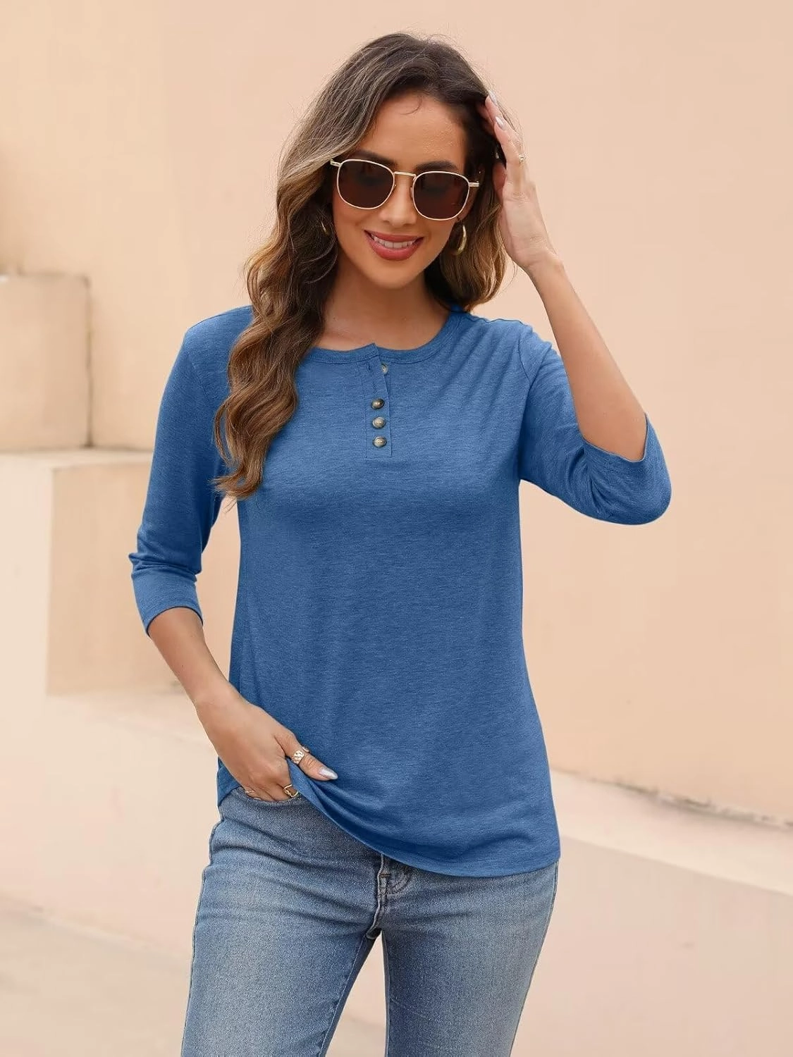 EADINVE Womens Crew Neck 3/4 Sleeve Tops Basic Button T-Shirts Solid Loose Cute Tunic Tee Blouses Fit Pullover