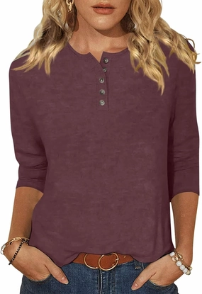 EADINVE Womens Crew Neck 3/4 Sleeve Tops Basic Button T-Shirts Solid Loose Cute Tunic Tee Blouses Fit Pullover