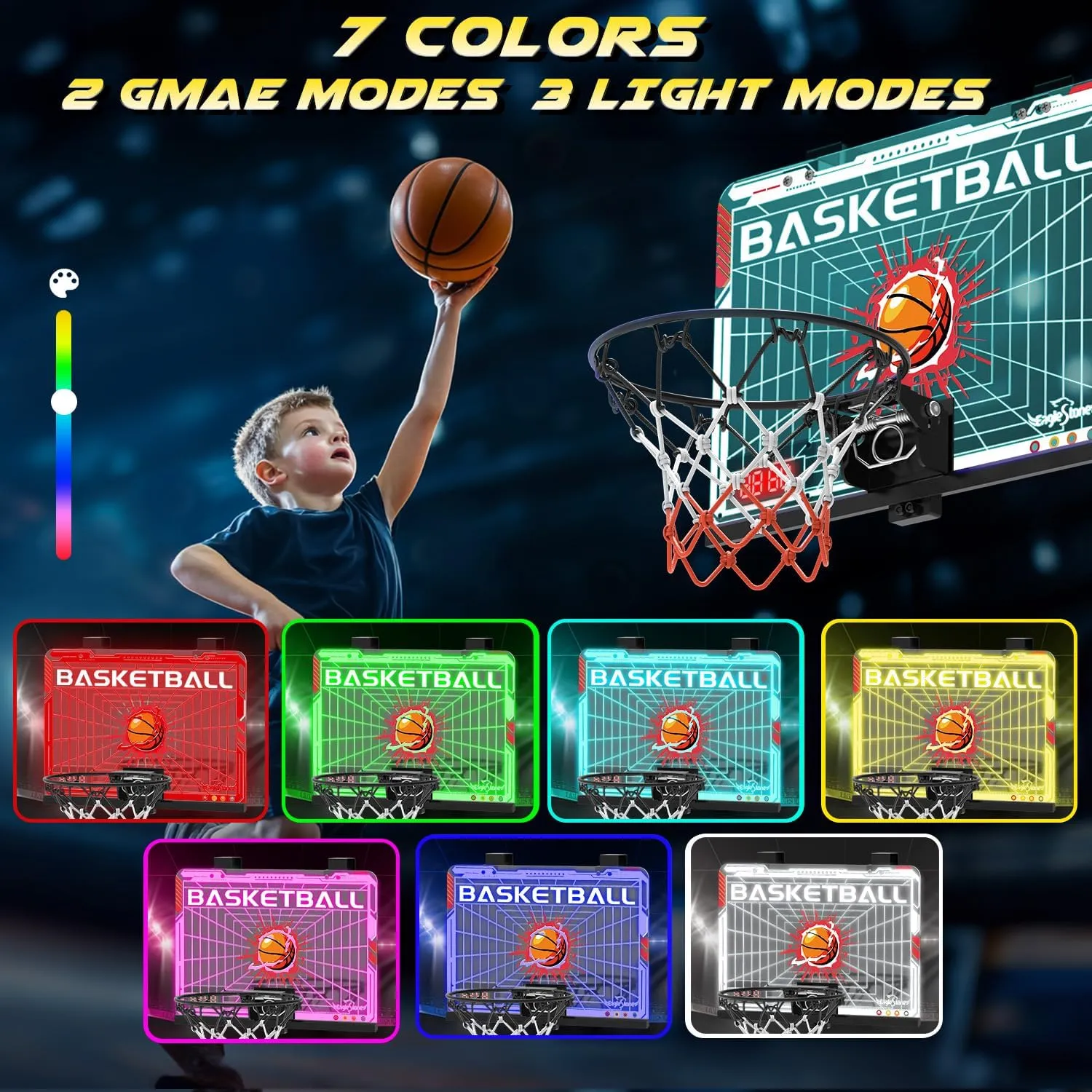 EagleStone Basketball Hoop Indoor, Mini Hoop Baskerball with Double Electronic Scoreboard IED Light, Kids Basketball Goal with Remote Control, Indoor Basketball Hoop Toys Gifts for Kids 8-12