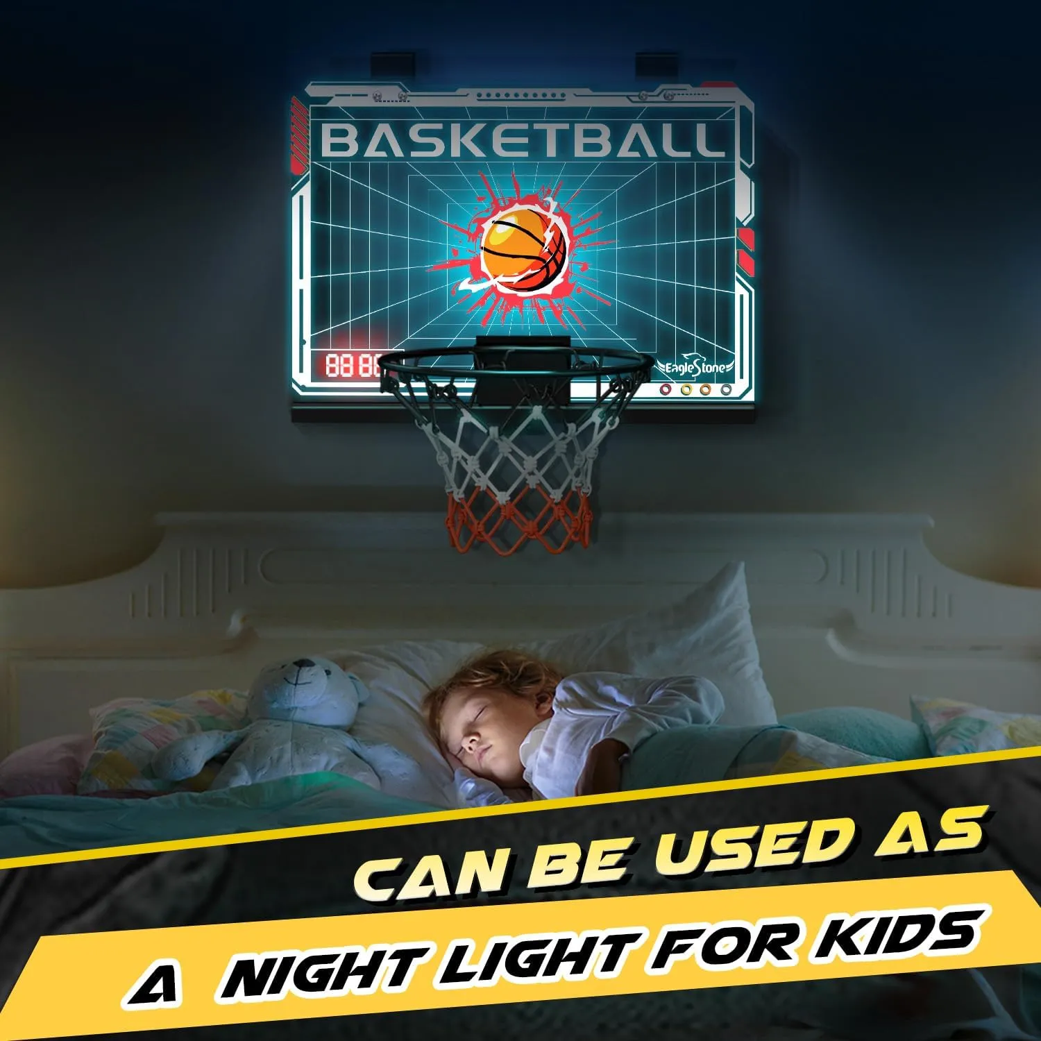 EagleStone Basketball Hoop Indoor, Mini Hoop Baskerball with Double Electronic Scoreboard IED Light, Kids Basketball Goal with Remote Control, Indoor Basketball Hoop Toys Gifts for Kids 8-12