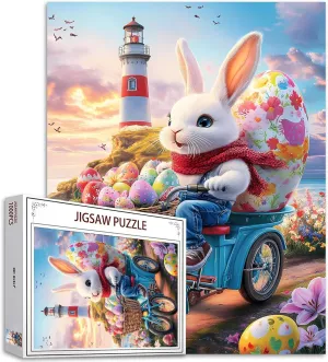 Easter Bunny Eggs Jigsaw Puzzle 1000 Pieces for Adults,Rabbit Riding Sunset Beacon Art Jigsaw Puzzles for Challenging Family Activity Games Colorful DIY Handwork Puzzle for Home Decor Gifts 20x27 in