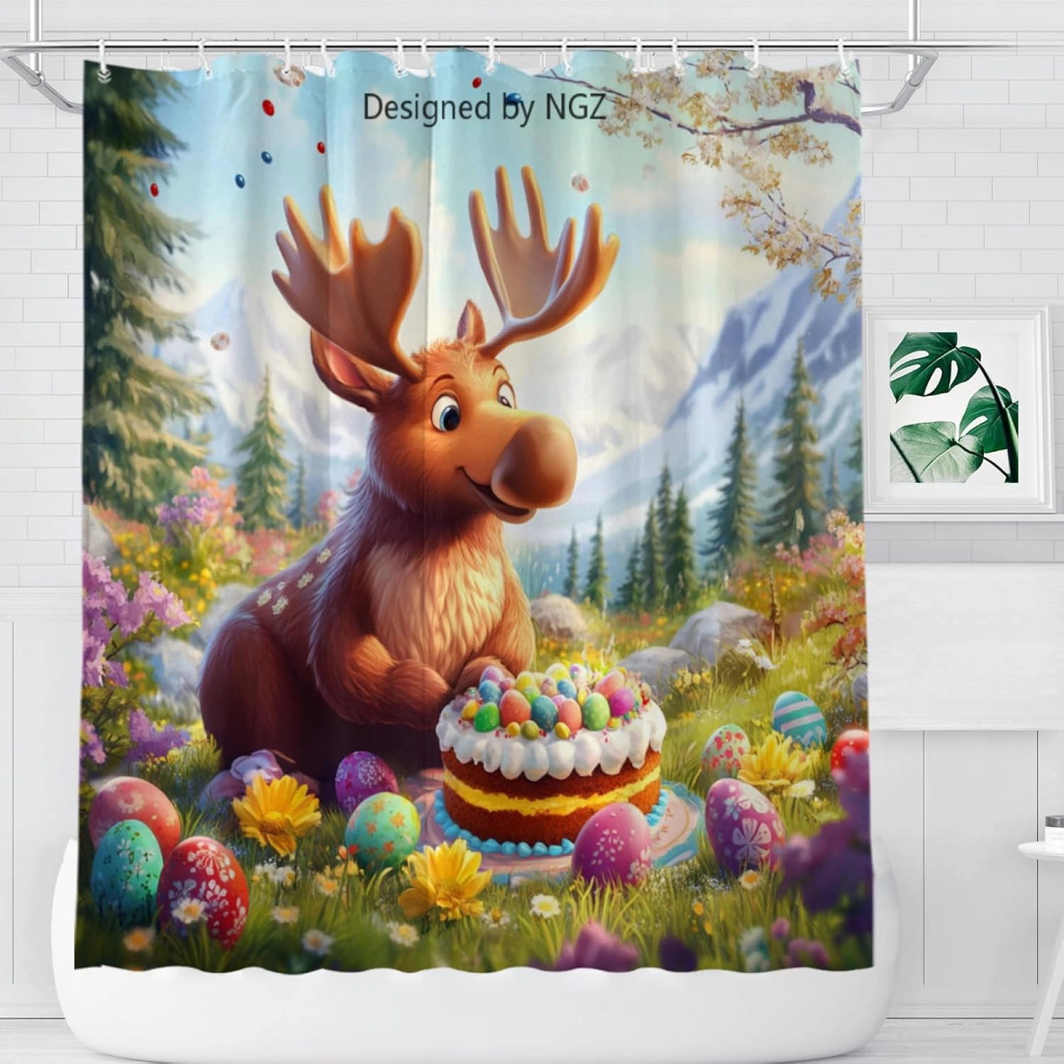 Easter Moose Shower Curtain 72 x 72 Inches, Easter Happiness Moose in Garden Scene with Cake, Spring Floral Shower Curtain Set with 12 Hooks for Bathroom Decor