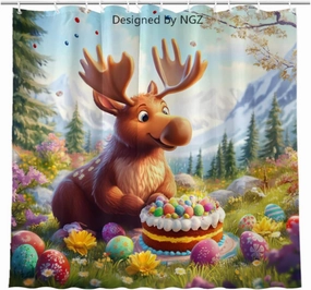 Easter Moose Shower Curtain 72 x 72 Inches, Easter Happiness Moose in Garden Scene with Cake, Spring Floral Shower Curtain Set with 12 Hooks for Bathroom Decor