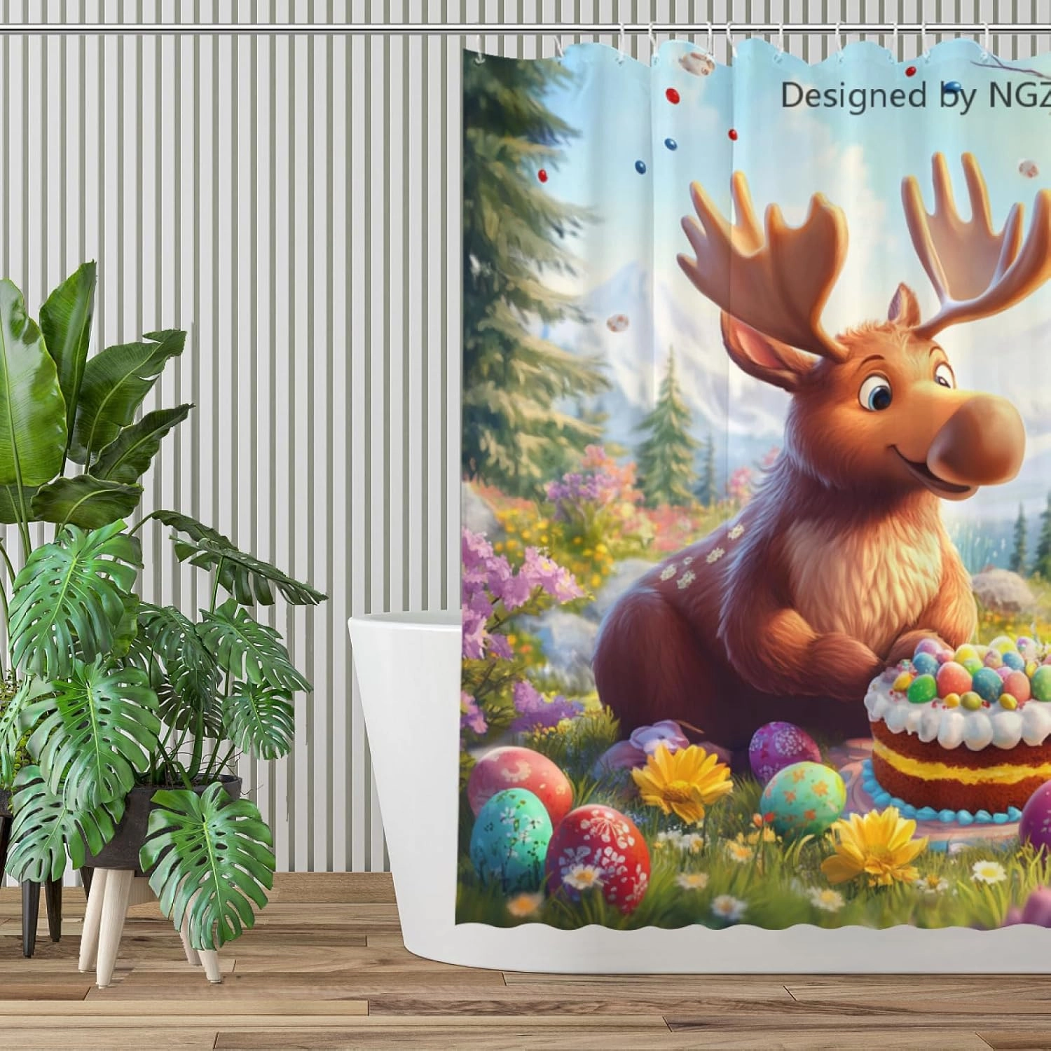 Easter Moose Shower Curtain 72 x 72 Inches, Easter Happiness Moose in Garden Scene with Cake, Spring Floral Shower Curtain Set with 12 Hooks for Bathroom Decor