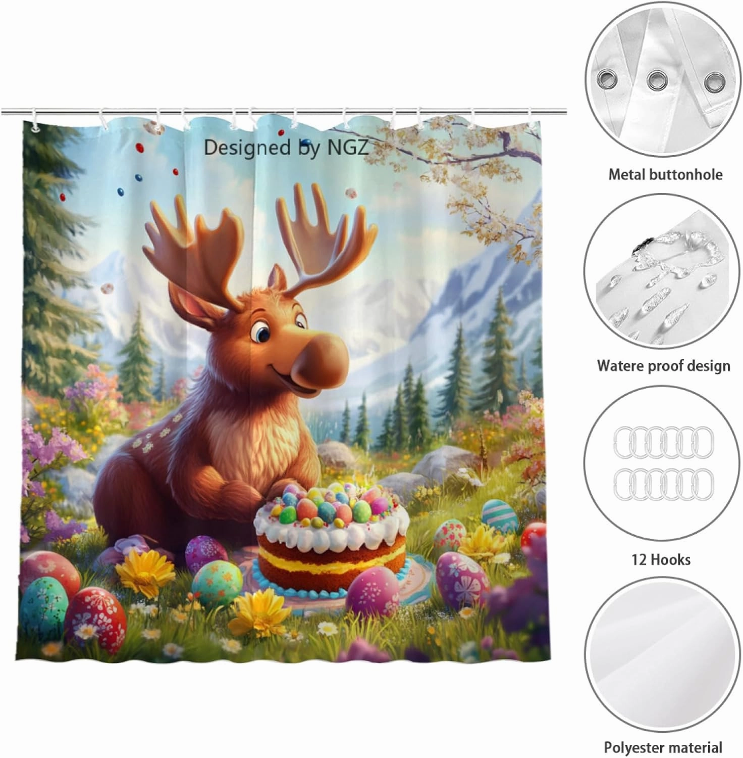 Easter Moose Shower Curtain 72 x 72 Inches, Easter Happiness Moose in Garden Scene with Cake, Spring Floral Shower Curtain Set with 12 Hooks for Bathroom Decor