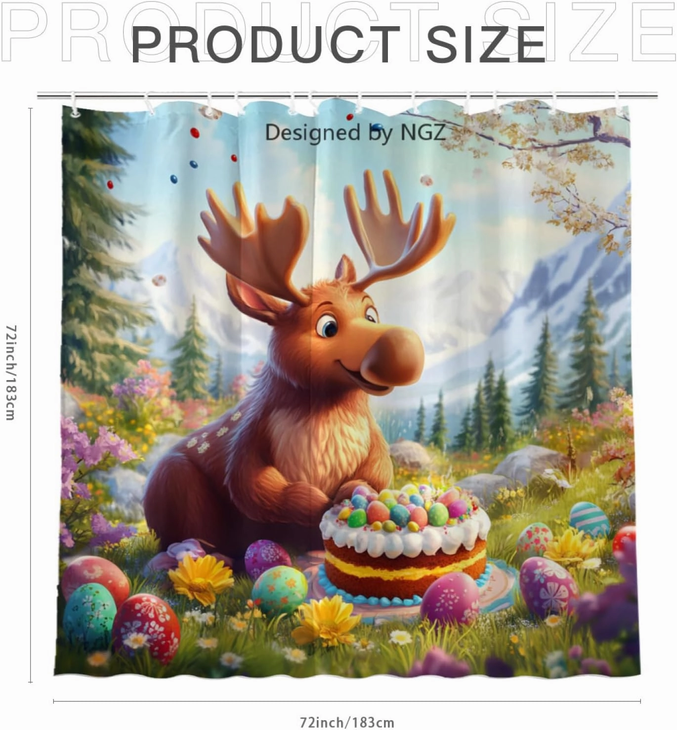 Easter Moose Shower Curtain 72 x 72 Inches, Easter Happiness Moose in Garden Scene with Cake, Spring Floral Shower Curtain Set with 12 Hooks for Bathroom Decor