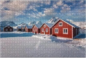 Education Intellectual Toy Puzzle 1000 Pieces Puzzles for Adults Winter View on snowcapped Mountains red Fishing Huts and Kids Educational Games Colorful Puzzles for Home Decoration