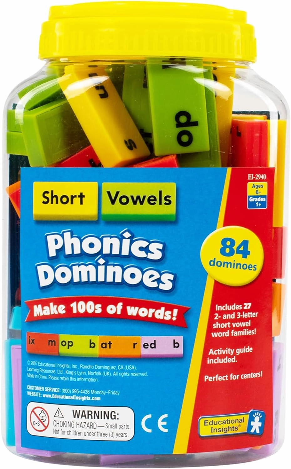 Educational Insights Phonics Dominoes – Short Vowels - Manipulative for Classroom & Home, Set of 84 Dominoes in 6 Colors, Ages 6 