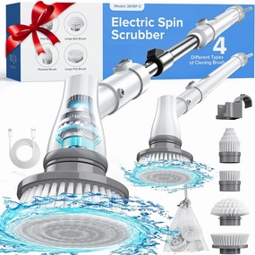 Electric Spin Scrubber with Battery Power Display, Fast-Charging Cordless Shower Scrubber with Long Handle, 4 Replaceable Brush Head, 1.5H & 2 Speeds Electric Scrubber(Grey)