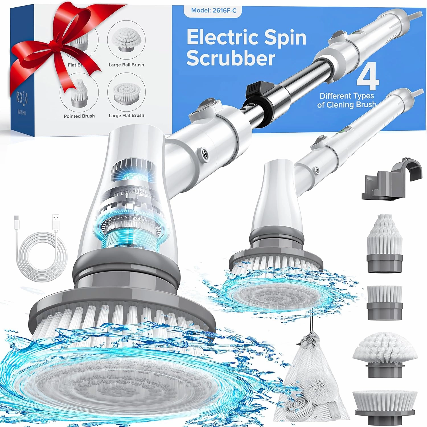 Electric Spin Scrubber with Battery Power Display, Fast-Charging Cordless Shower Scrubber with Long Handle, 4 Replaceable Brush Head, 1.5H & 2 Speeds Electric Scrubber(Grey)