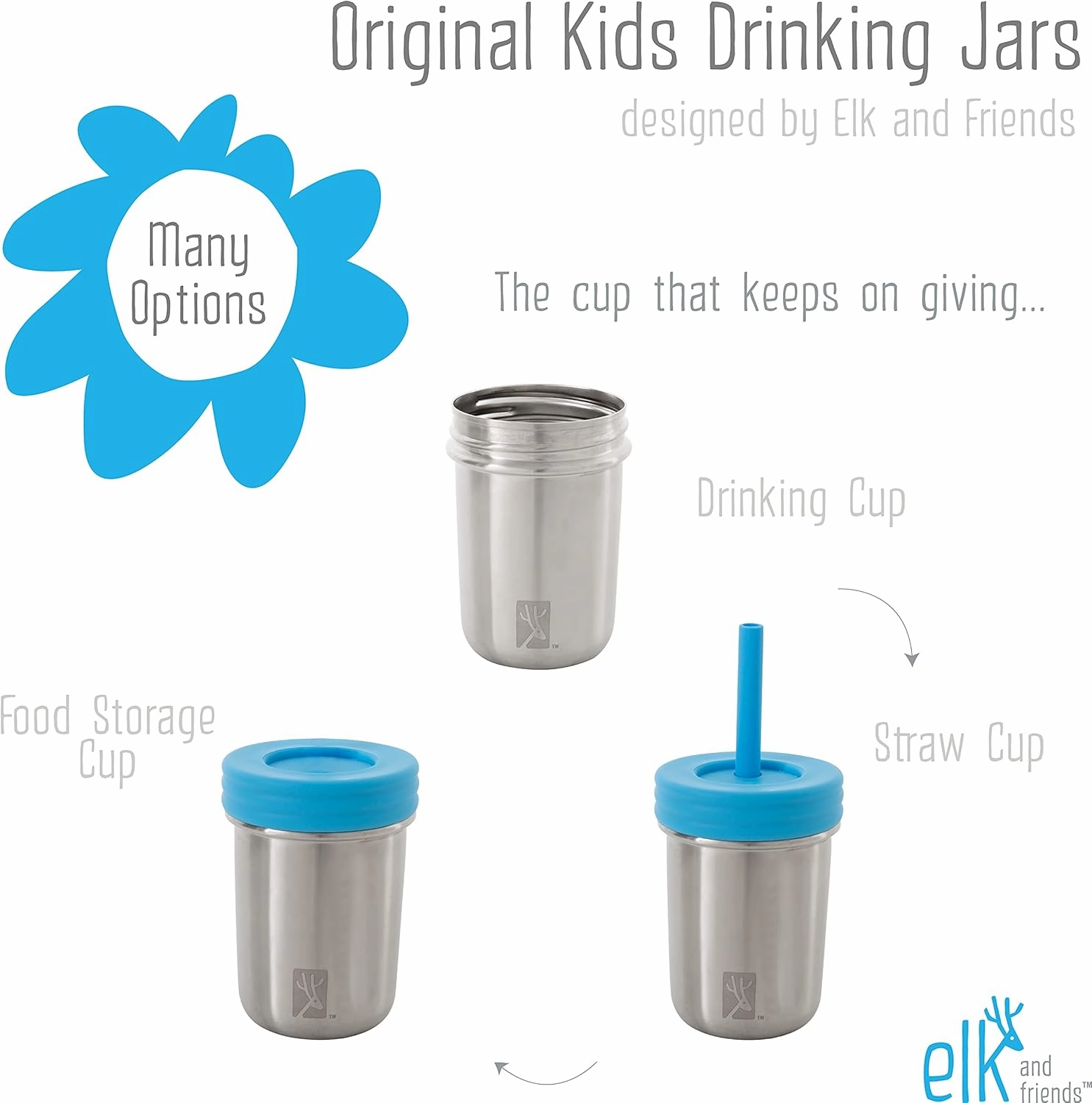 Elk and Friends Stainless Steel Cups | 10 oz Mason Jar design | Kids & Toddler Cups with Silicone Sleeves & Straws with Stopper | Smoothie Cups