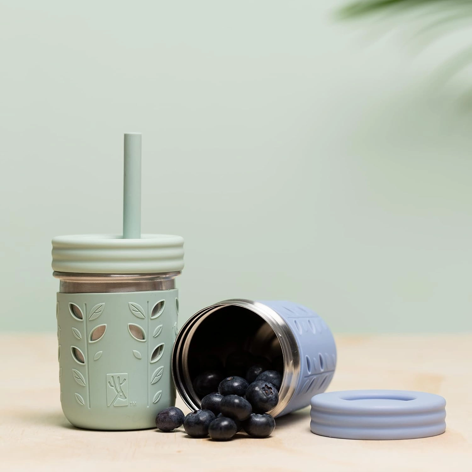 Elk and Friends Stainless Steel Cups | 10 oz Mason Jar design | Kids & Toddler Cups with Silicone Sleeves & Straws with Stopper | Smoothie Cups