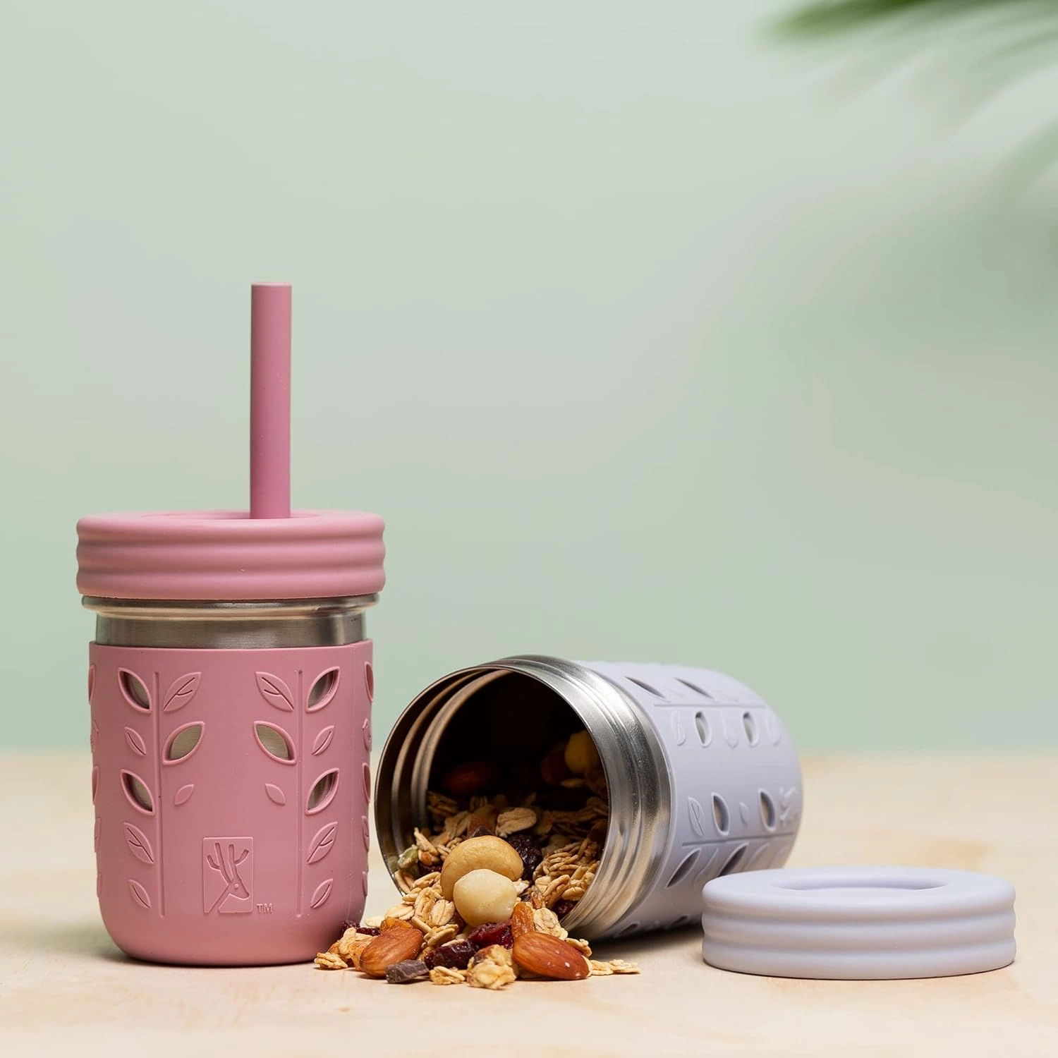 Elk and Friends Stainless Steel Cups | 10 oz Mason Jar design | Kids & Toddler Cups with Silicone Sleeves & Straws with Stopper | Smoothie Cups
