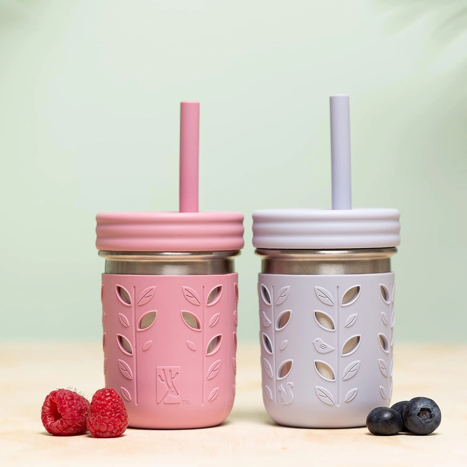 Elk and Friends Stainless Steel Cups | 10 oz Mason Jar design | Kids & Toddler Cups with Silicone Sleeves & Straws with Stopper | Smoothie Cups