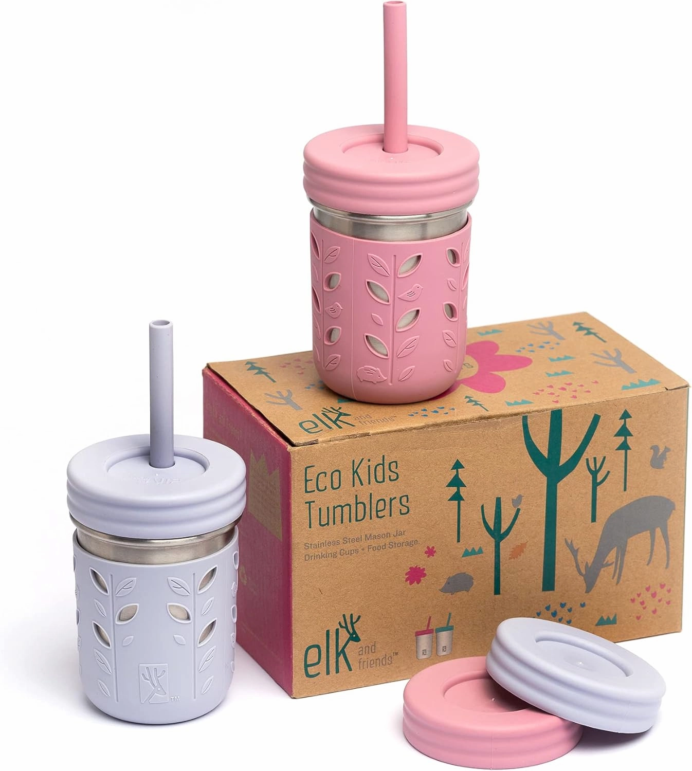 Elk and Friends Stainless Steel Cups | 10 oz Mason Jar design | Kids & Toddler Cups with Silicone Sleeves & Straws with Stopper | Smoothie Cups