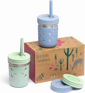 Elk and Friends Stainless Steel Cups | 10 oz Mason Jar design | Kids & Toddler Cups with Silicone Sleeves & Straws with Stopper | Smoothie Cups