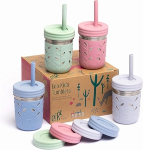 Elk and Friends Stainless Steel Cups | 10 oz Mason Jar design | Kids & Toddler Cups with Silicone Sleeves & Straws with Stopper | Smoothie Cups