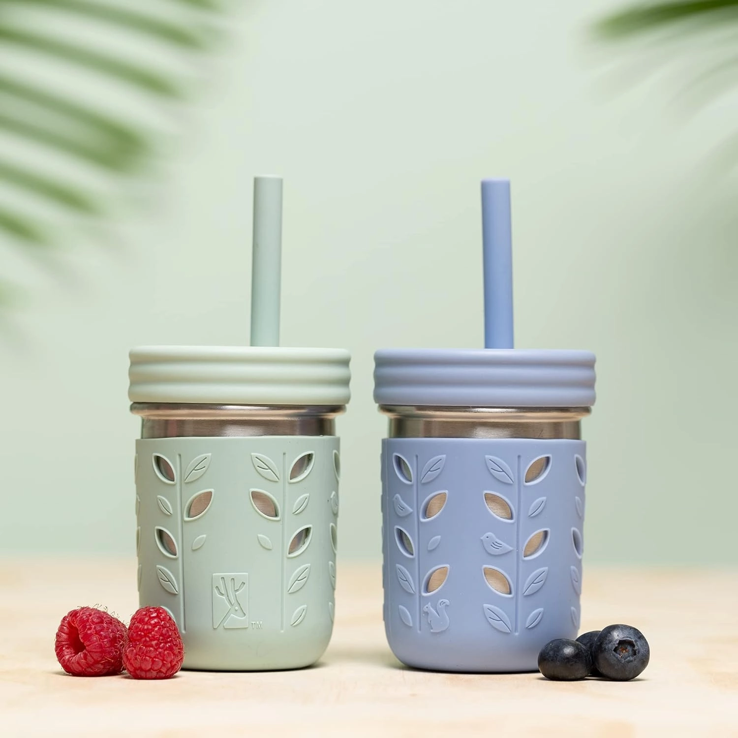 Elk and Friends Stainless Steel Cups | 10 oz Mason Jar design | Kids & Toddler Cups with Silicone Sleeves & Straws with Stopper | Smoothie Cups
