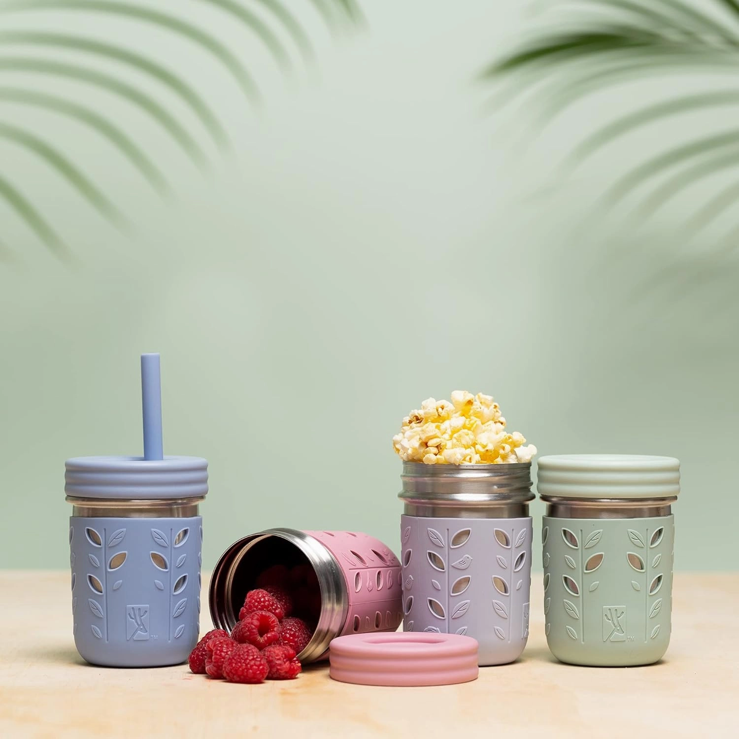 Elk and Friends Stainless Steel Cups | 10 oz Mason Jar design | Kids & Toddler Cups with Silicone Sleeves & Straws with Stopper | Smoothie Cups