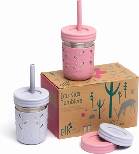 Elk and Friends Stainless Steel Cups | 10 oz Mason Jar design | Kids & Toddler Cups with Silicone Sleeves & Straws with Stopper | Smoothie Cups