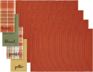 Elrene Home Fashions Harvest Sentiments Value Set, 4 Cloth Napkins and 4 Ribbed Placemats, Large, Multicolor, 8 Pieces