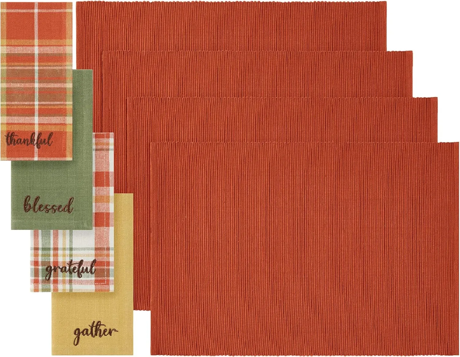 Elrene Home Fashions Harvest Sentiments Value Set, 4 Cloth Napkins and 4 Ribbed Placemats, Large, Multicolor, 8 Pieces