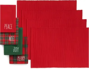 Elrene Home Fashions Holiday Sentiments Fabric Placemat and Napkin Value Set, Set of 4 Napkins and 4 Placemats, 13 x 19 inches