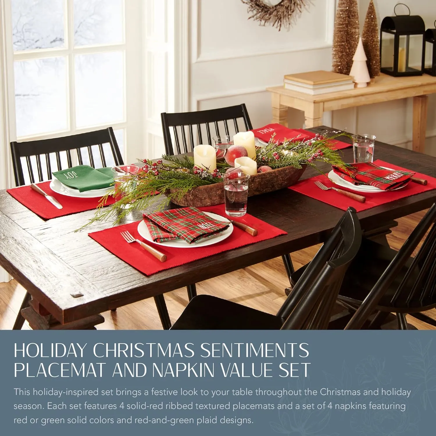 Elrene Home Fashions Holiday Sentiments Fabric Placemat and Napkin Value Set, Set of 4 Napkins and 4 Placemats, 13 x 19 inches