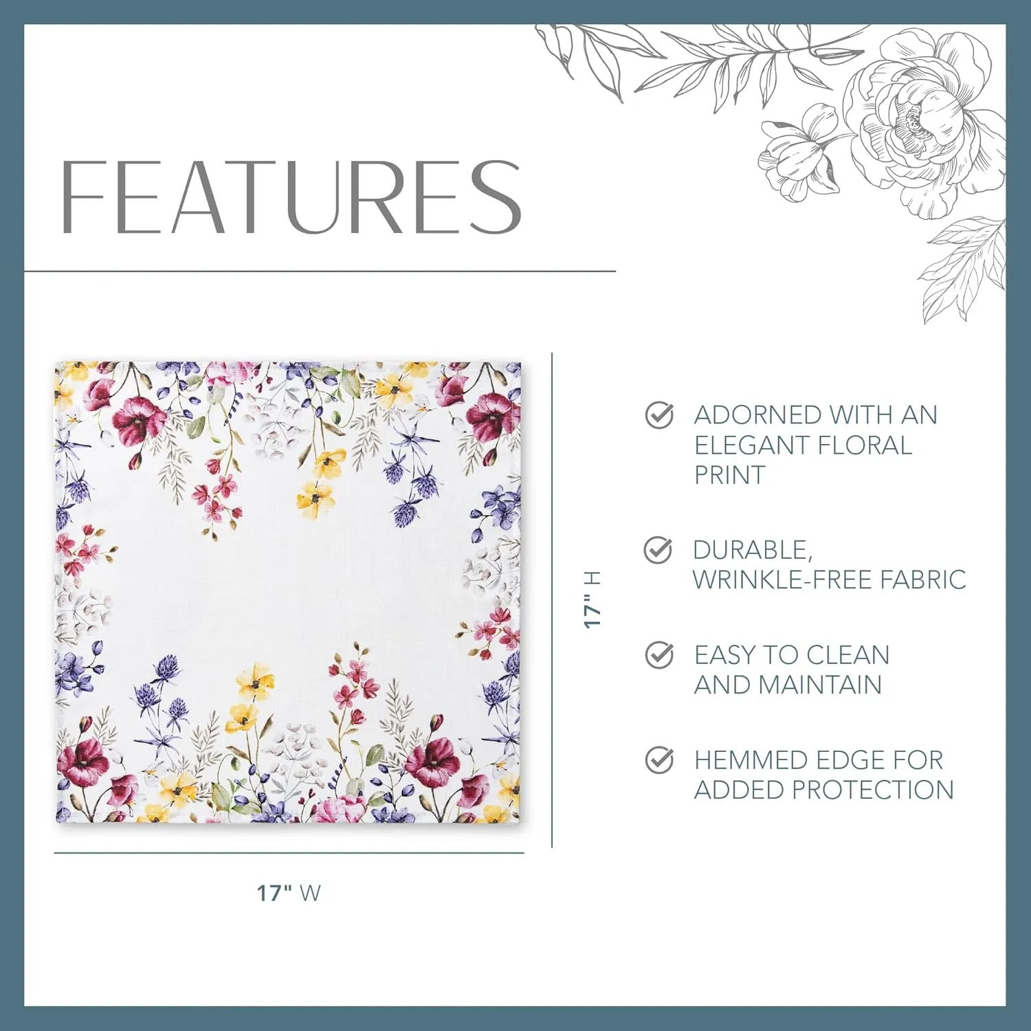 Elrene Home Fashions Poppy Wildflower Botanical Border Fabric Napkins, 17 Inches by 17 Inches, Set of 4