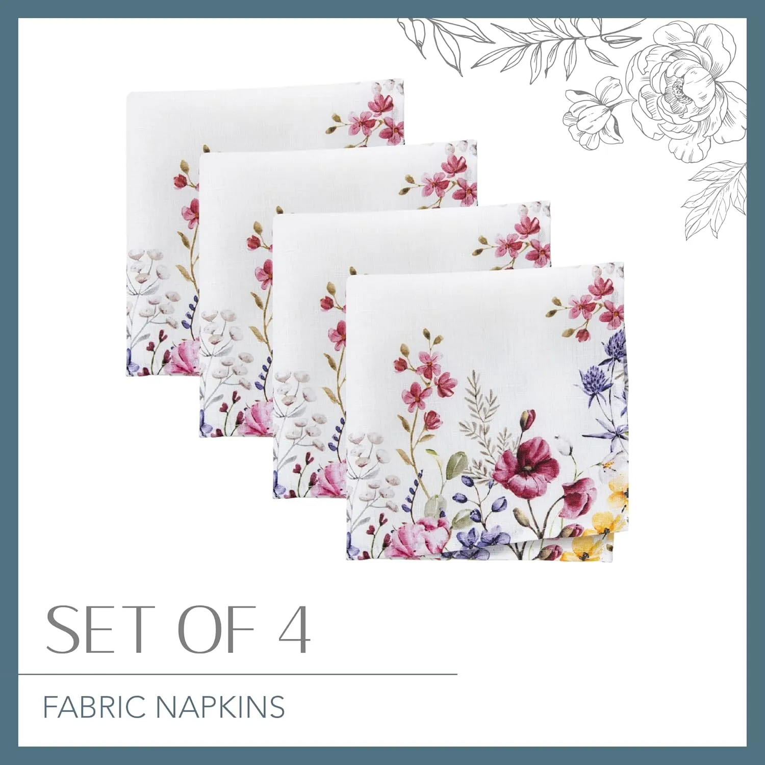 Elrene Home Fashions Poppy Wildflower Botanical Border Fabric Napkins, 17 Inches by 17 Inches, Set of 4