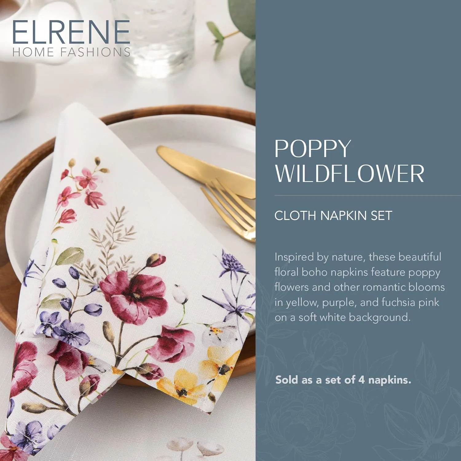 Elrene Home Fashions Poppy Wildflower Botanical Border Fabric Napkins, 17 Inches by 17 Inches, Set of 4