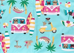 Elrene Home Fashions Summer Fun Adorable Dog Days of Summer at The Beach Vinyl Flannel Back Tablecloth (60 Round) Blue Green Red Pink Yellow Brown Aqua White