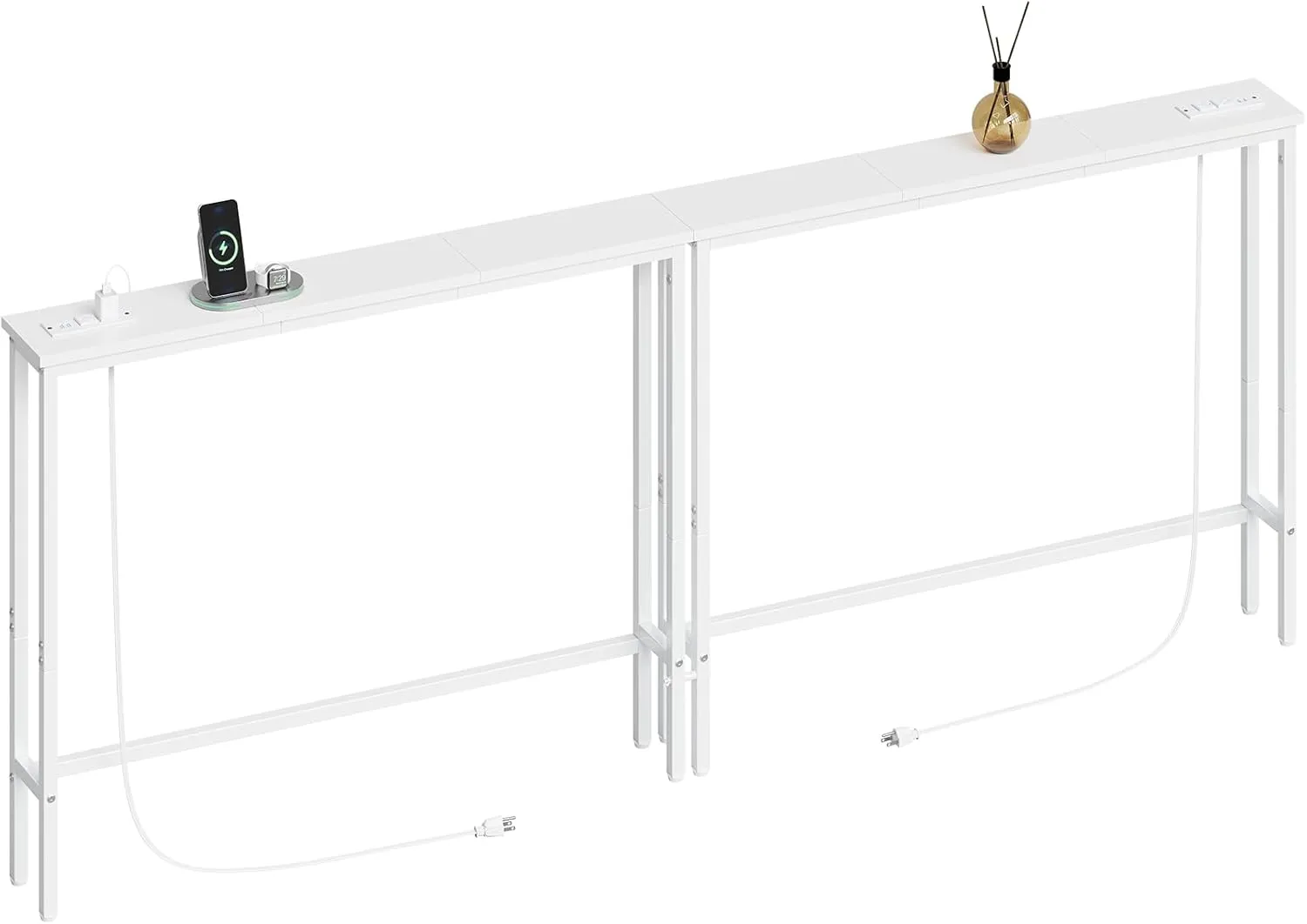 ELYKEN 2 Pack 5.9" Narrow Console Sofa Table with Power Outlets, Total 78.8” Long Behind Couch Table with Charge Station and 5.9’ Extension Cord for Living Room, 5.9" D x 78.8”W x 29.5”H, White