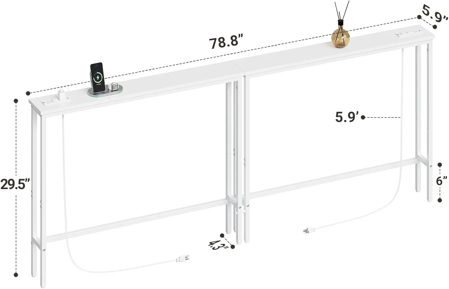 ELYKEN 2 Pack 5.9" Narrow Console Sofa Table with Power Outlets, Total 78.8” Long Behind Couch Table with Charge Station and 5.9’ Extension Cord for Living Room, 5.9" D x 78.8”W x 29.5”H, White