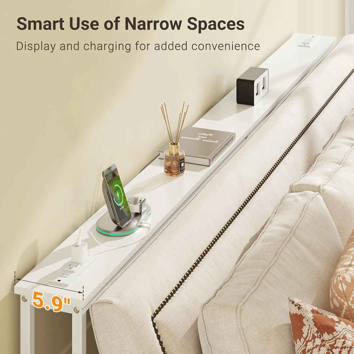 ELYKEN 2 Pack 5.9" Narrow Console Sofa Table with Power Outlets, Total 78.8” Long Behind Couch Table with Charge Station and 5.9’ Extension Cord for Living Room, 5.9" D x 78.8”W x 29.5”H, White